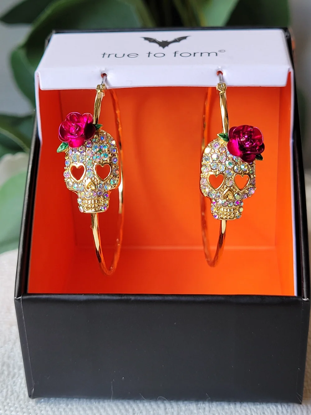 True To Form Crystal Skull Hoops with Pink Rose Accent